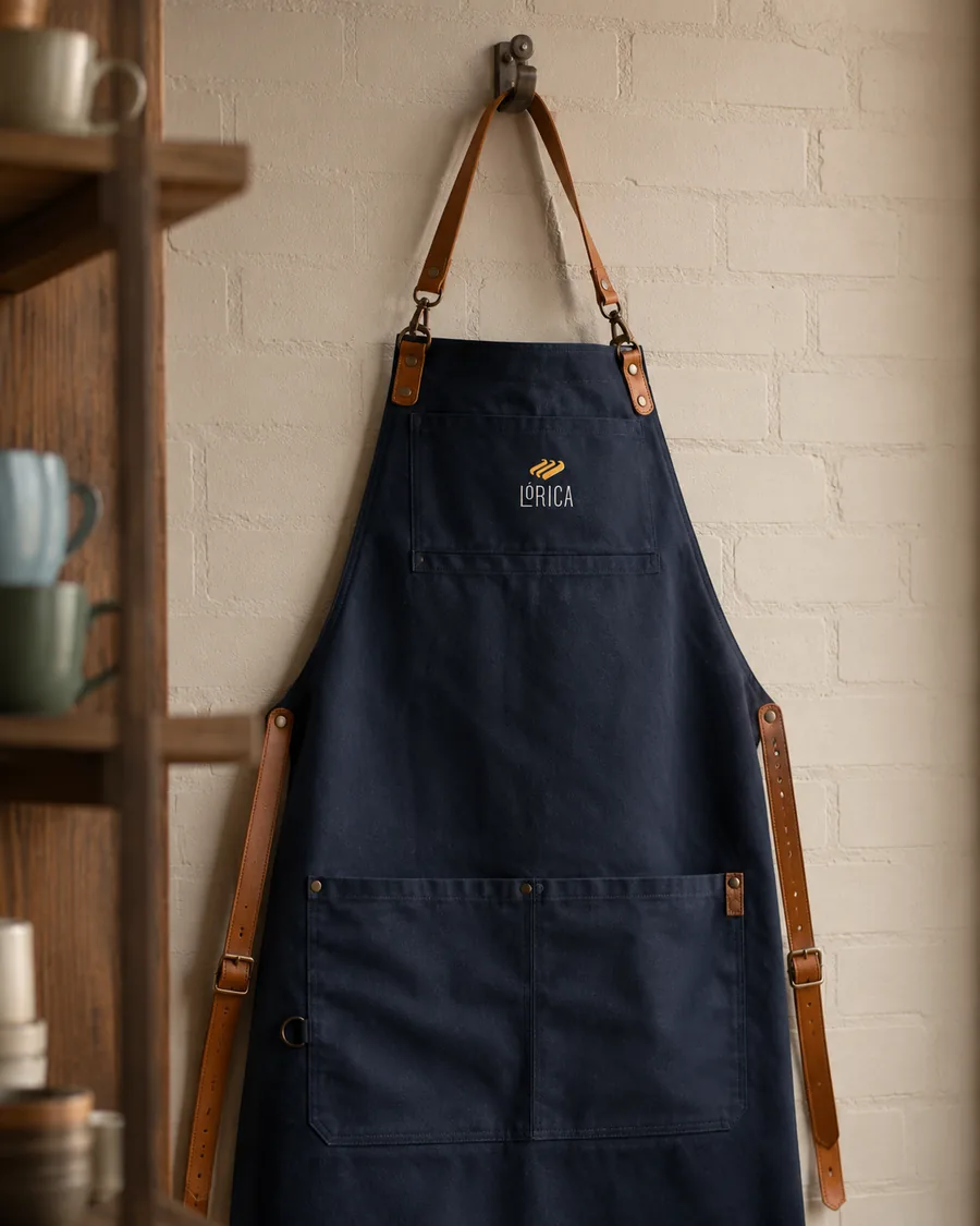 Avental de peito navy com alças de couro e bordado Lórica