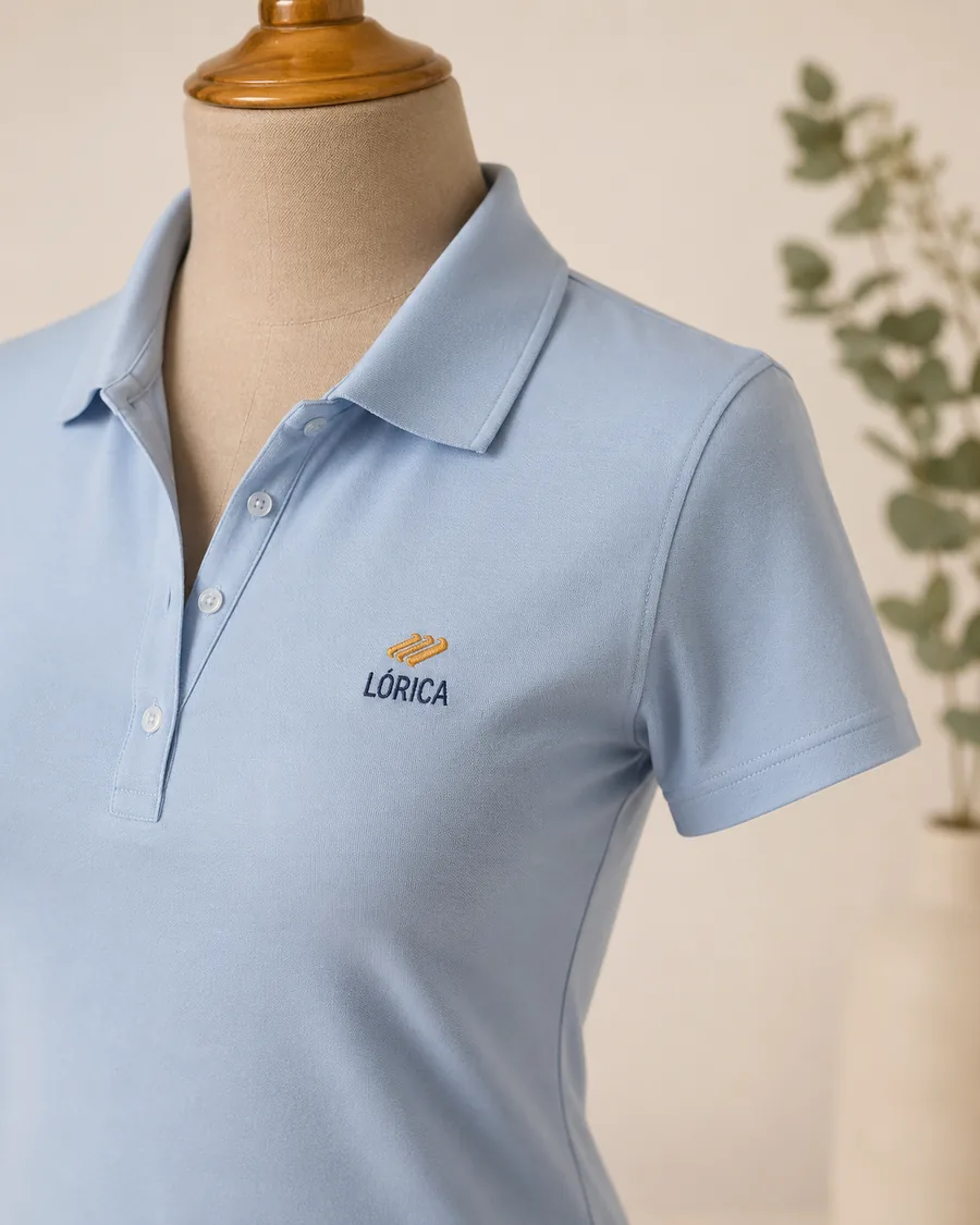 Babylook gola de camisa azul-claro com bordado Lórica