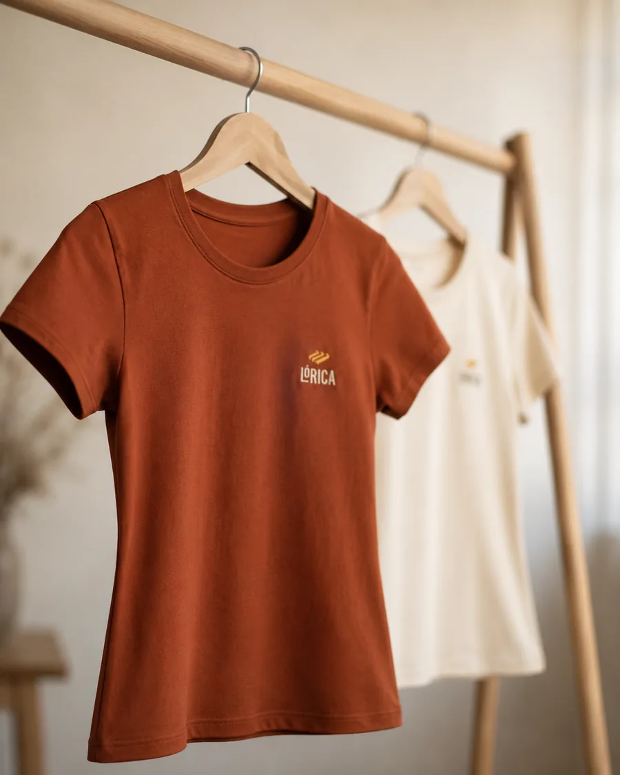 Babylook gola redonda terracota com bordado Lórica