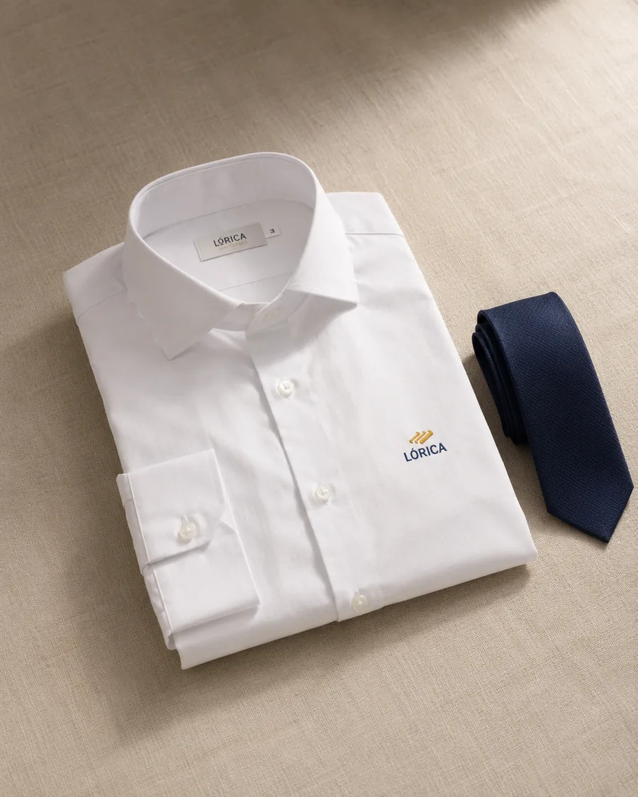 Camisa social branca com bordado Lórica e gravata navy