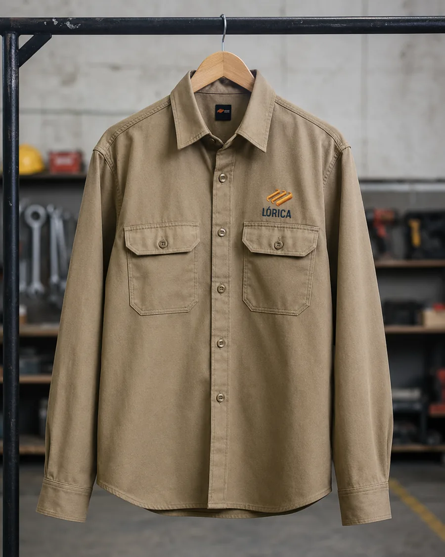 Camisa de brim caqui com bordado Lórica
