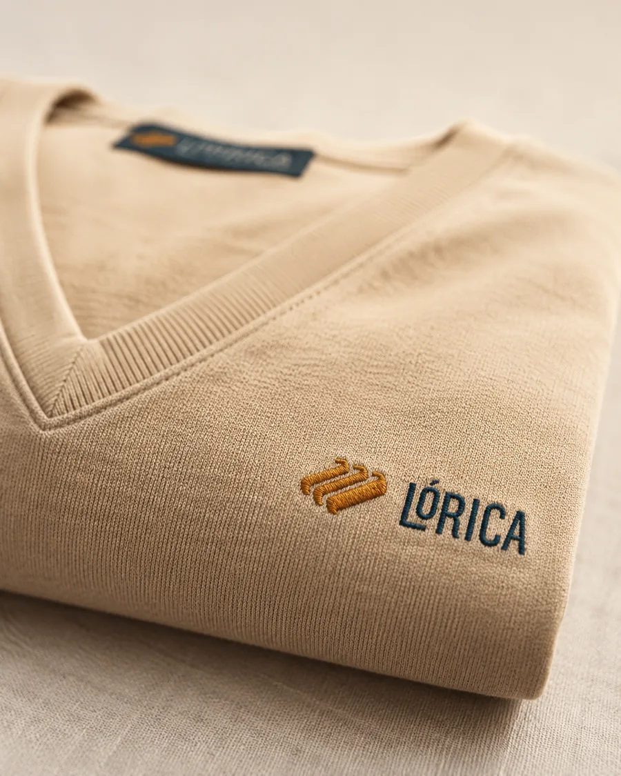 Camiseta gola V bege com bordado Lórica em detalhe