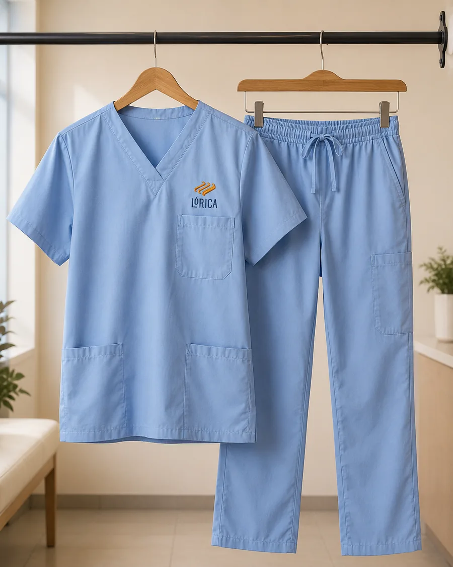 Conjunto scrub azul-claro com bordado Lórica
